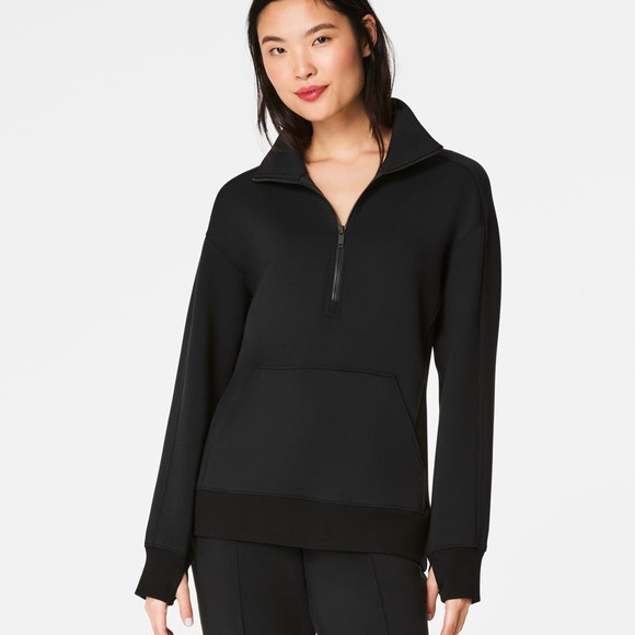 SPANX Tops - SPANX AirEssentials Luxe Half Zip Black Tunic Soft Modal Scuba Athleisure Sz S